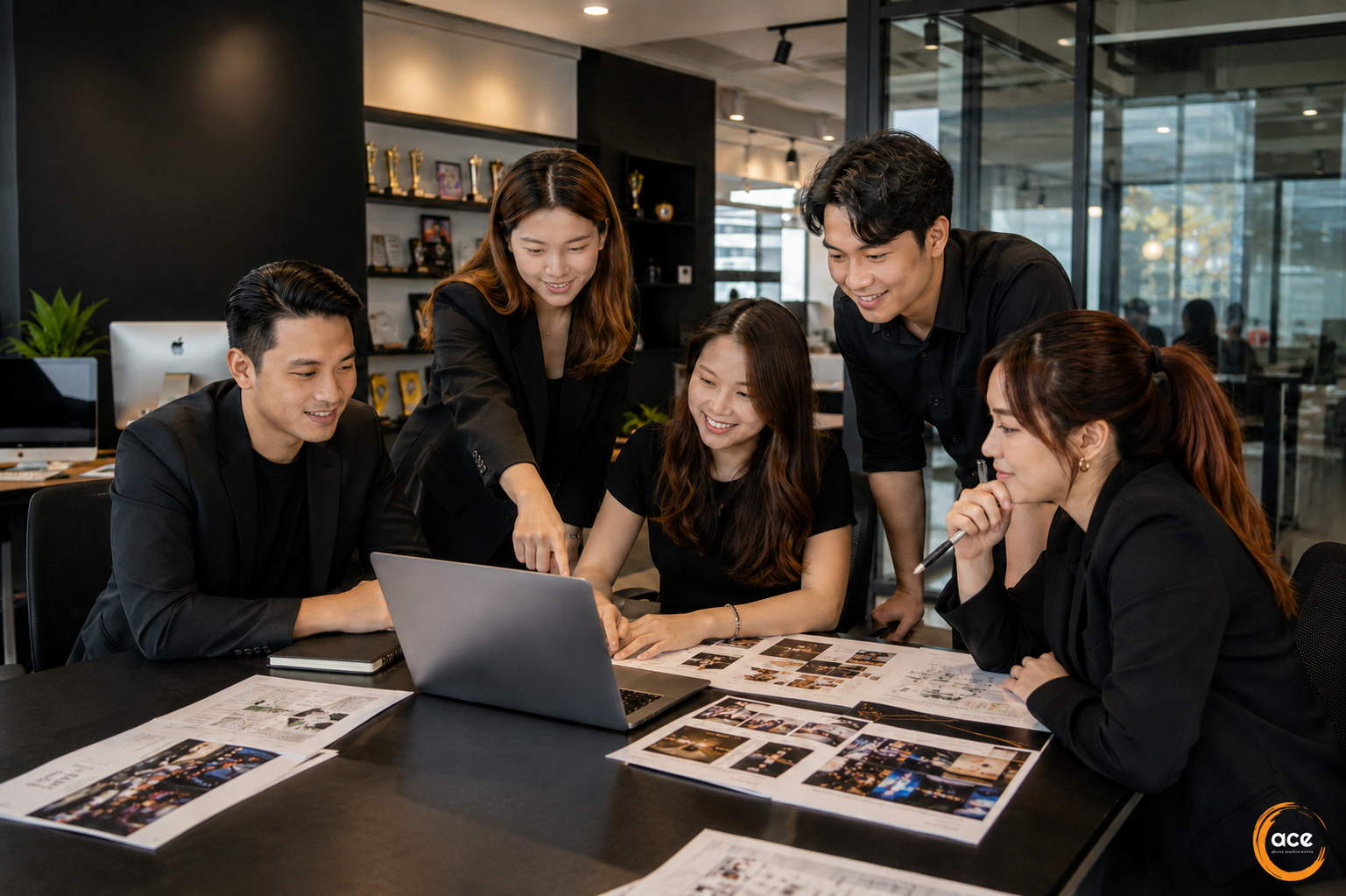 Event planning team collaborating on a corporate event proposal in an office.