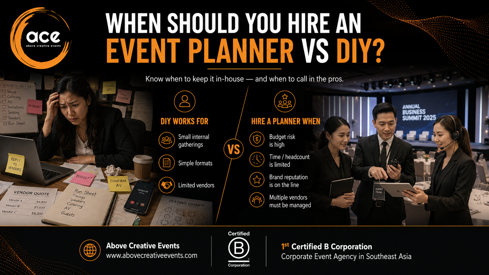 Event planner vs DIY infographic comparing solo corporate event planning with hiring a professional event planning team.
