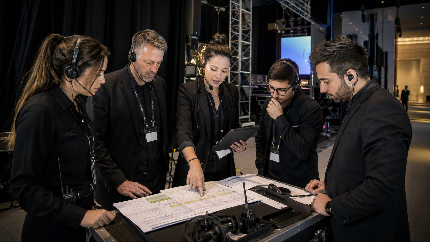 Event management team reviewing a run-of-show timeline before a corporate event.