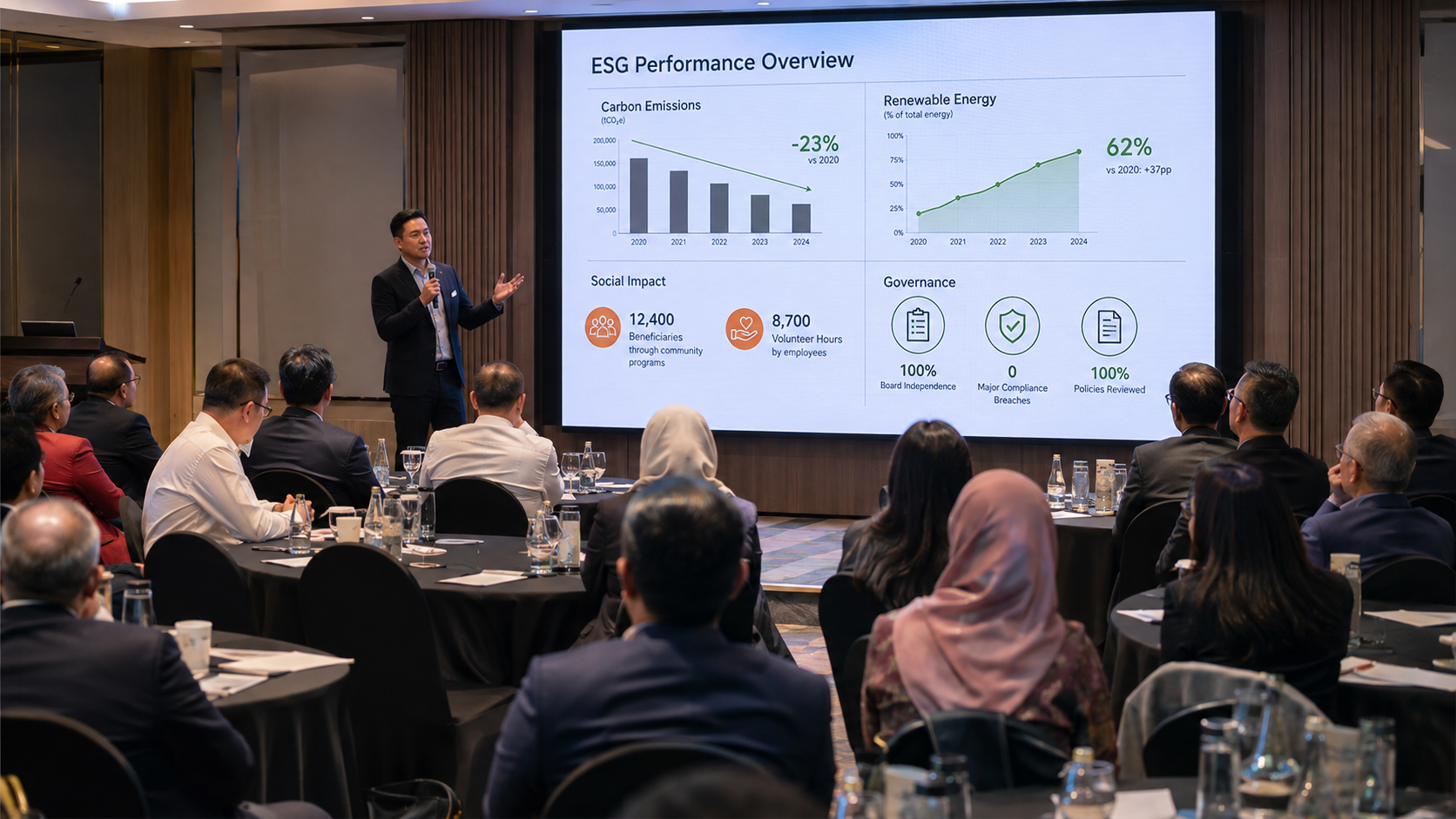 ESG sustainability data being reviewed during a corporate stakeholder planning session.
