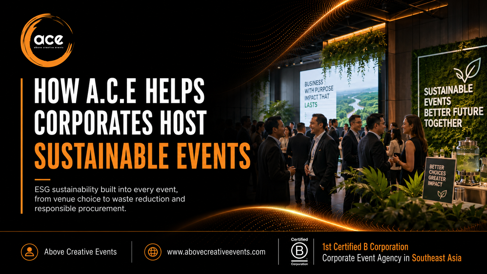 Sustainable events cover image by Above Creative Events, featuring a corporate event setting with ESG-themed visuals and eco-conscious event elements.